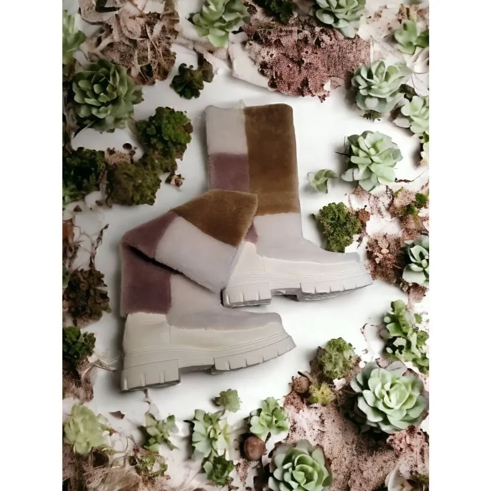 Free People Happy Thoughts Shearling Fur Boot Colorblock White Tan Rose 7 1/2